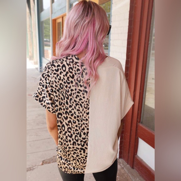 Khaki Contrast Leopard Color Block Top - Picture 3 of 5